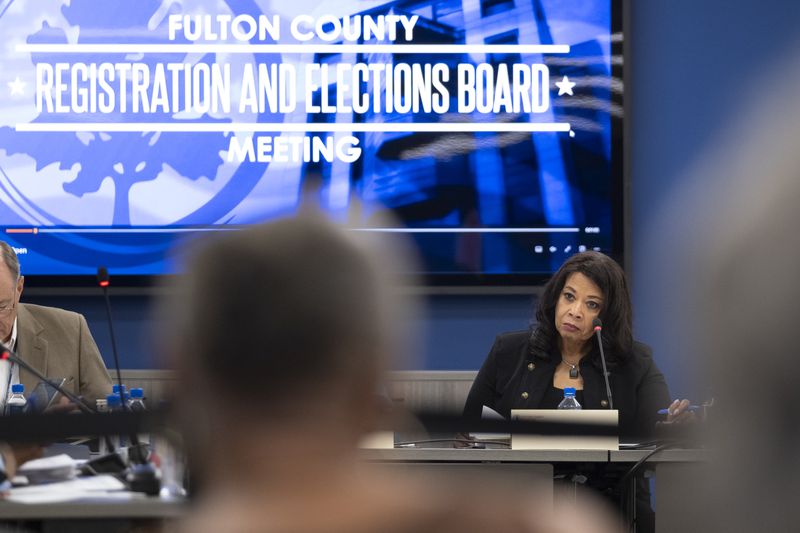 Fulton County Registration and Elections Board Chairperson Sherri Allen presides during a meeting in Union City on Thursday, Aug. 8, 2024.   (Ben Gray / Ben@BenGray.com)