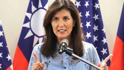 Nikki Haley, former United States Ambassador to the United Nations, speaks to media during her press conference before leaving Taipei, Taiwan, Saturday, Aug. 24, 2024. (AP Photo/Chiang Ying-ying)