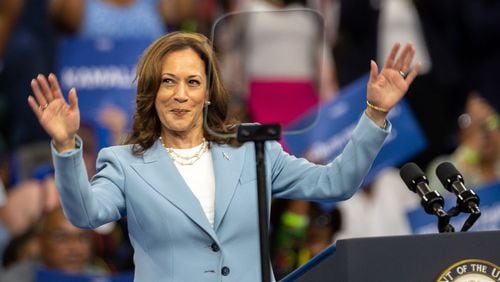 Vice President Kamala Harris used her July 30 rally in Atlanta to call on former President Donald Trump to debate. (Arvin Temkar/The Atlanta Journal-Constitution)