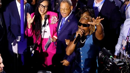 Rapper Lil Jon, right, performs with the Georgia delegation during the Ceremonial Roll Call of States on the second day of the Democratic National Convention at the United Center on Tuesday, Aug. 20, 2024, in Chicago. (Chip Somodevilla/Getty Images/TNS)