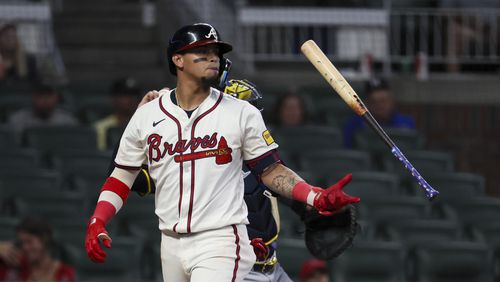 Atlanta Braves shortstop Orlando Arcia reacts after striking out during the ninth inning against the Milwaukee Brewers at Truist Park, Tuesday, August 6, 2024, in Atlanta. The Braves lost 10-0. (Jason Getz / AJC)
