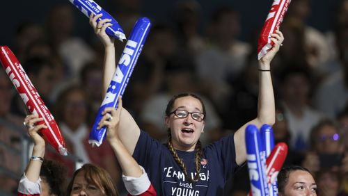 Eliana Mason, an American goalball Paralympian, cheers on fiancé Calahan Young, during a match between the U.S. and Brazil mens' goalball teams on Friday, August 30, 2024 at the South Paris Arena during the Paralympic Games in Paris. Young is the U.S. men's team captain. Brazil won the match 13-8. (AP Photo/Nathalee Simoneau)