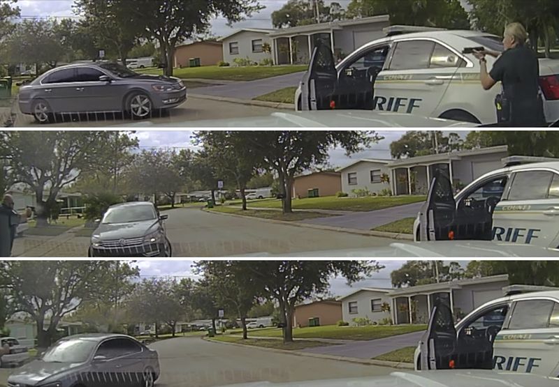 Screenshots from a video released by the Brevard County Sheriff's Office in Florida of a deputy fatally shooting two Black teenagers. Relatives are demanding answers about the shooting deaths of Angelo Crooms, 16, and Sincere Pierce, 18, by a sheriff's deputy in Cocoa, Fla.