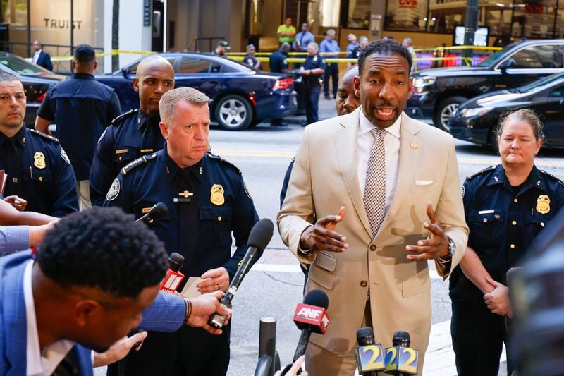 Atlanta Mayor Andre Dickens speaks in a press conference with Atlanta Police Chief Darin Schierbaum after a shooting at the Peachtree Center food court on June 11. (Miguel Martinez / AJC)