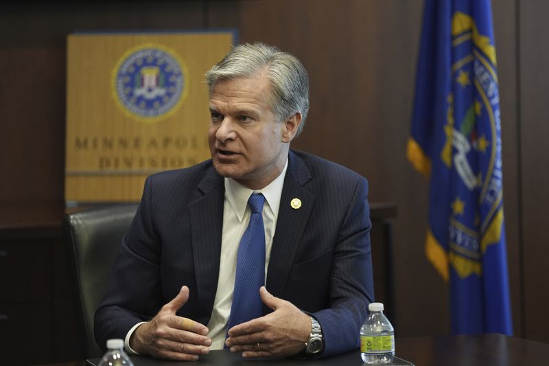 FBI Director Christopher Wray answers questions during an interview, Wednesday, Aug. 21, 2024, in Brooklyn Center, Minn. (AP Photo/Abbie Parr)