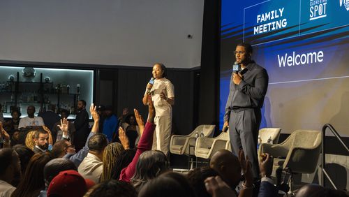 Lakeysha Hallmon (left) and Ryan Wilson moderate an event called the "Family Meeting," designed to inspire and educate Black business owners at The Gathering Spot in Atlanta on Tuesday, Aug. 27, 2024. (Olivia Bowdoin for the AJC).