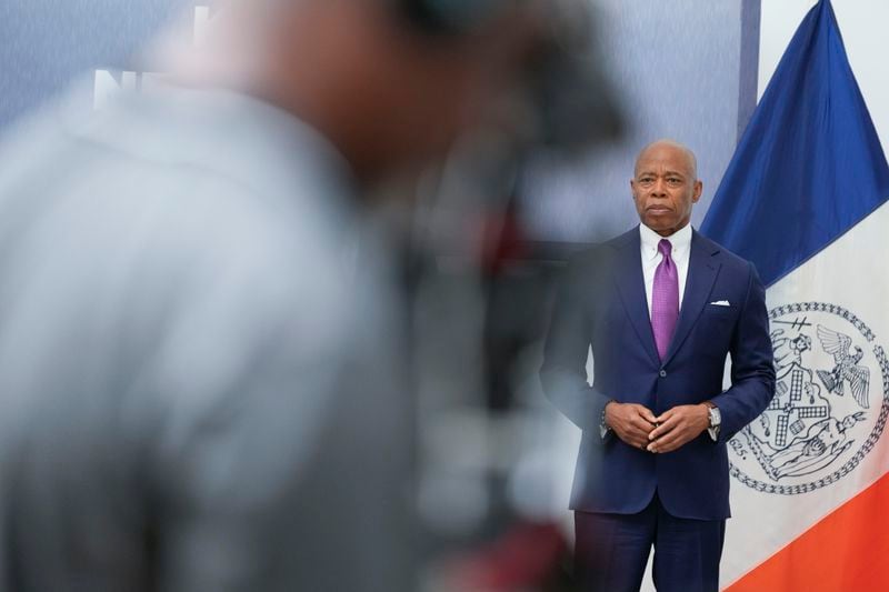 New York City Mayor Eric Adams participates in a news conference in New York, Monday, Sept. 30, 2024. (AP Photo/Seth Wenig)