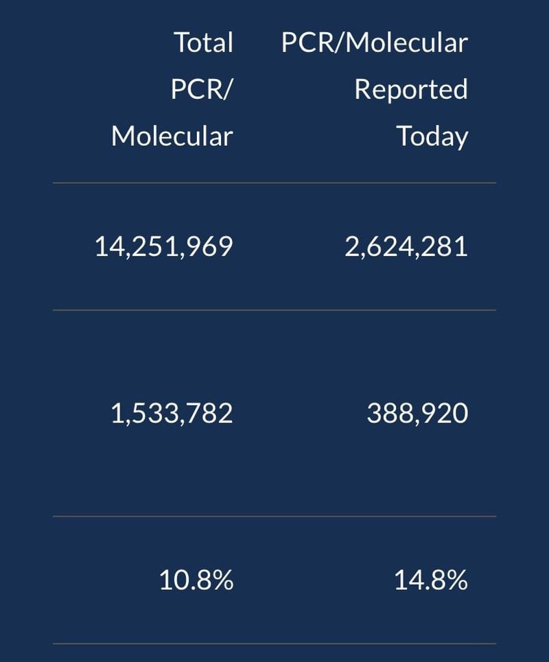 A screenshot of the Georgia Department of Public Health COVID-19 dashboard. On Tuesday, Jan. 4, 2022, DPH reported more than 2.6 million tests and more than 388,000 positives since its previous report on Dec. 31, 2021, four days earlier in its daily test data column. DPH blamed a coding error for the report. But the DPH told the AJC the tests represented ones that failed to appear under that column for nearly two years. The test data had not been lost, however, and is represented in cumulative testing totals and in other places on the DPH website.