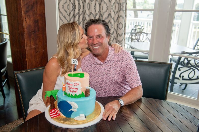 Stephen Ames gets a kiss from wife Kelly before the final round of the Mitsubishi Electric Classic on April 28, 2024 at TPC Sugarloaf in Duluth.