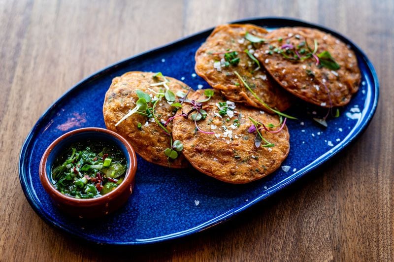 The Torticas de Camarón at Buena Vida are thin pancakes that feature tiny shrimp-like krill. CONTRIBUTED BY HENRI HOLLIS