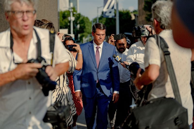 
                        Geoff Duncan, the former lieutenant governor of Georgia, leaves the Fulton County Courthouse in Atlanta after testifying before the grand jury on Monday, Aug. 14, 2023. Trump and nearly 20 others could face conspiracy charges related to attempts to overturn Georgia’s results in the 2020 election. (Amir Hamja/The New York Times)
                      