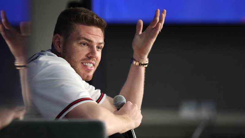 Atlanta Braves first baseman Freddie Freeman answers a question during the "Kids Only" press conference Saturday, January 27, 2018, during Chop Fest at SunTrust Park in Atlanta.
