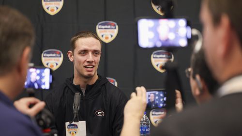 Georgia quarterback Carson Beck speaks to members of the media at Le Meridien Dania Beach Hotel, Thursday, December 28, 2023, in Fort Lauderdale, Florida. (Jason Getz / Jason.Getz@ajc.com)