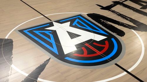 The Atlanta Dream logo is shown at center court before their game hosting the New York Liberty at the Gateway Center Arena, Thursday, June 6, 2024, in Atlanta. (Jason Getz / AJC)
