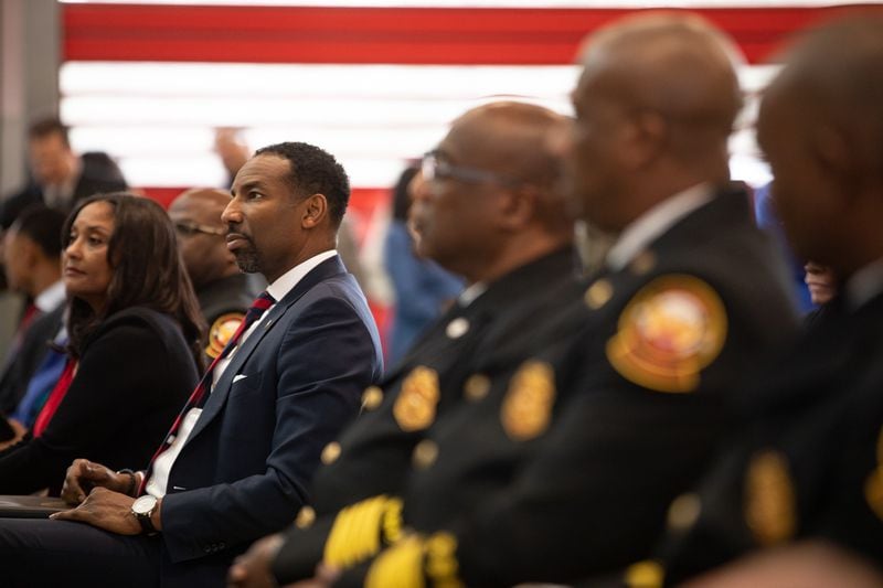 Atlanta Mayor Andre Dickens joins Fire Chief Rod Smith and southwest Atlanta community leaders as they celebrate the  opening of a new fire station at Princeton Lakes on Feb. 9, 2024.