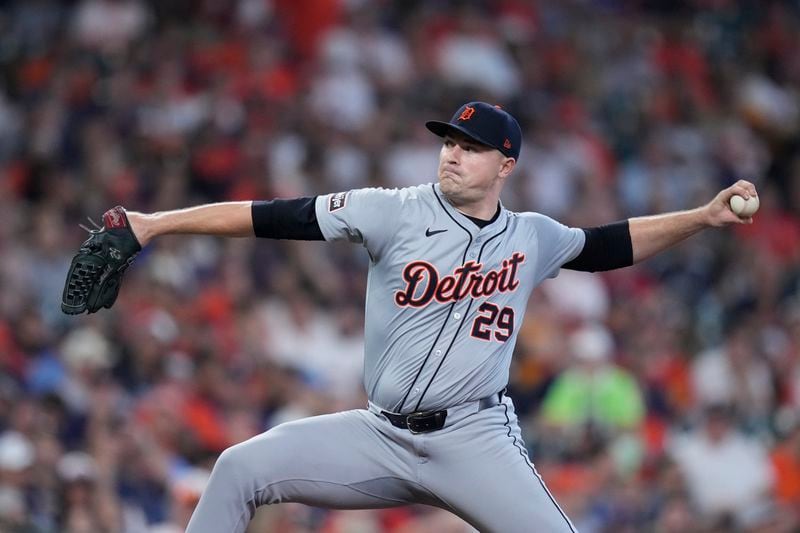 Detroit Tigers starting pitcher Tarik Skubal throws during the first inning of Game 1 of an AL Wild Card Series baseball game against the Houston Astros, Tuesday, Oct. 1, 2024, in Houston. (AP Photo/Kevin M. Cox)