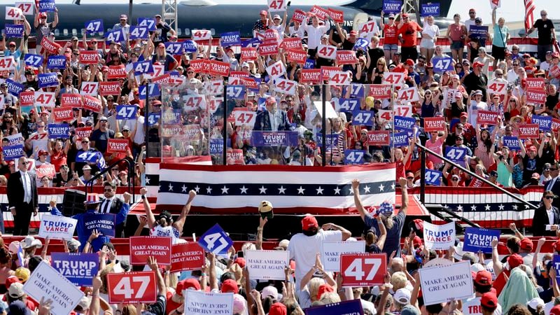 Republican presidential nominee former President Donald Trump speaks at a campaign rally at Wilmington International Airport in Wilmington, N.C., Saturday, Sept. 21, 2024. (AP Photo/Chris Seward)