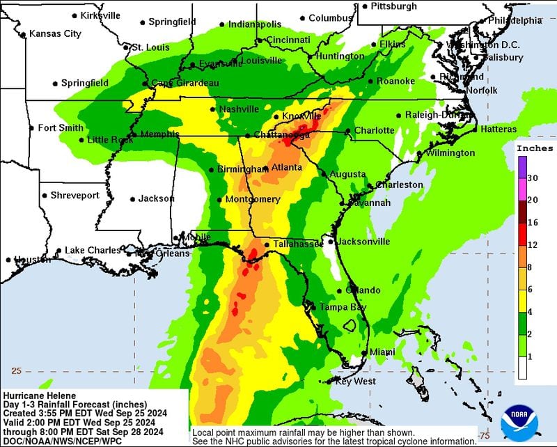 This National Hurricane Center map, posted Wednesday evening, shows the forecasted rainfall expected to hit Georgia in the coming days. Screenshot