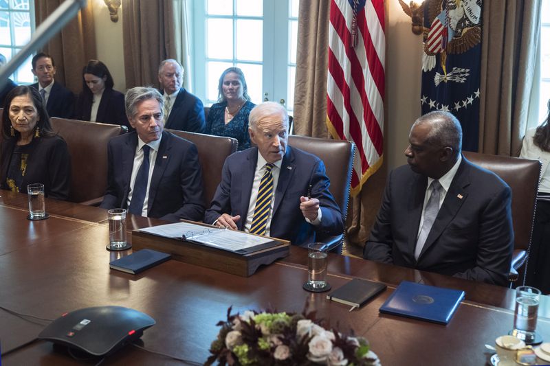 President Joe Biden with, from left, Secretary of the Interior Deb Haaland, Secretary of State Antony Blinken and Secretary of Defense Lloyd Austin, speaks during a meeting with the members of his cabinet and first lady Jill Biden, in the Cabinet Room of the White House, Friday, Sept. 20, 2024. (AP Photo/Manuel Balce Ceneta)