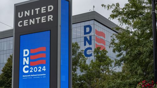 Work continues at the United Center before the upcoming Democratic National Convention, Thursday, Aug. 15, 2024, in Chicago. (AP Photo/Alex Brandon)