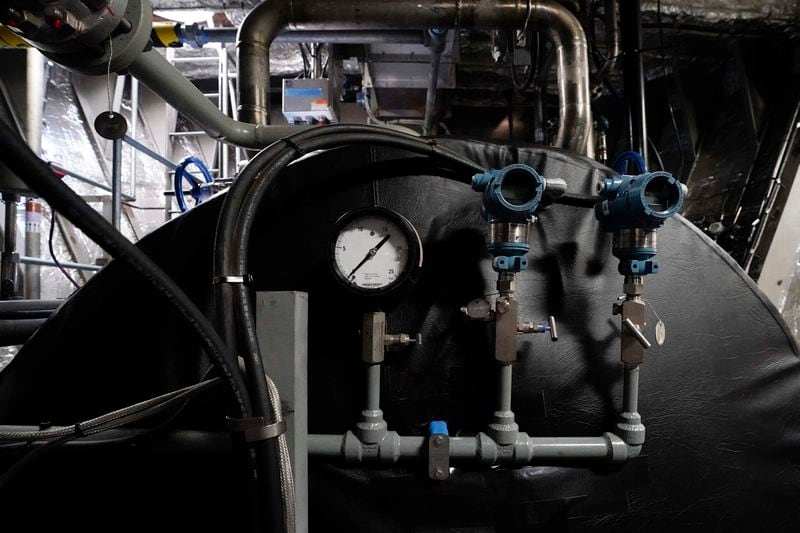 The tank that will hold ammonia and power the NH3 Kraken sits on the tugboat on Friday, Sept. 13, 2024, in Kingston, N.Y. (AP Photo/Alyssa Goodman)