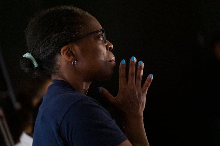 Patricia Lassiter listens to Vice President Kamala Harris’ acceptance speech during a watch party at The Gathering Spot in Atlanta on Thursday, Aug. 22, 2024.   (Ben Gray / Ben@BenGray.com)