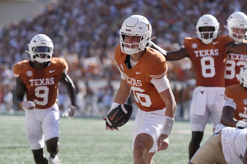 Texas quarterback Arch Manning (16) celebrates after scoring a touchdown against Colorado State during the second half of an NCAA college football game in Austin, Texas, Saturday, Aug. 31, 2024. (AP Photo/Eric Gay)