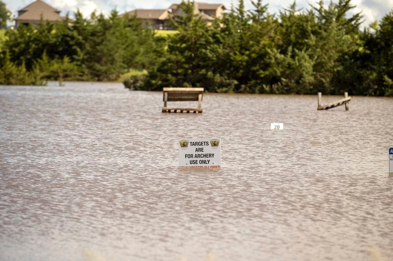 An archery range is closed off due to flooding caused by heavy rainfall, Saturday, June 22, 2024, in Lincoln County, S.D. (AP Photo/Josh Jurgens)