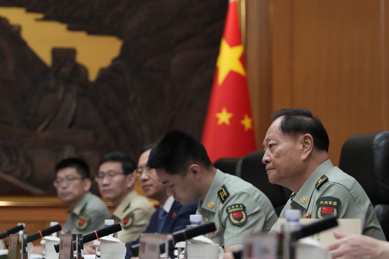 Zhang Youxia, Vice Chairman of the CPC Central Military Commission, right, attends a meeting with White House national security adviser Jake Sullivan, unseen. during a meeting at the Bayi building in Beijing, Thursday, Aug. 29, 2024. (AP Photo/Ng Han Guan, Pool)