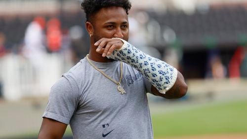 Braves second baseman Ozzie Albies is spotted with a cast on his left hand on Thursday, August 1, 2024. Albies, who broke his wrist, remains on the injury list and is expected to miss around two months.
(Miguel Martinez/ AJC)