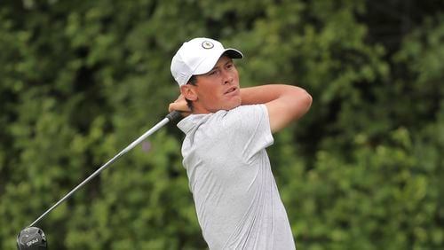 Georgia Tech Christo Lamprecht watches his shot during an NCAA golf tournament on Saturday, Sept. 16, 2023, in Chicago. (AP Photo/Melissa Tamez)