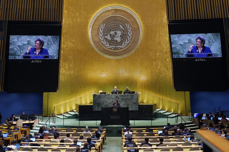 Barbados Prime Minister Mia Amor Mottley addresses the 79th session of the United Nations General Assembly, Friday, Sept. 27, 2024. (AP Photo/Richard Drew)