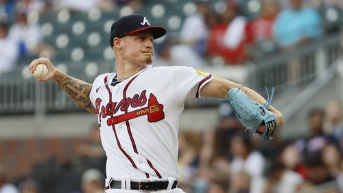 Braves starting pitcher AJ Smith-Shawver throws a pitch to a Phillies batter during the first inning at Truist Park on Thursday, June 15, 2023, in Atlanta. Miguel Martinez / miguel.martinezjimenez@ajc.com