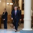 Secretary of State, Brad Raffensperger attended Monday's press conference at the Georgia Capitol. The presidential election in Georgia should not face any major delays or disruptions because of damage from Hurricane Helene, state elections officials said. (John Spink/AJC)