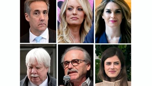 This combination photo shows, top row from left, Michael Cohen on May 14, 2024, in New York, Stormy Daniels on May 23, 2018, in West Hollywood, Calif., Hope Hick on Feb. 27, 2018, in Washington, and bottom row from left, Jeffrey McConney on Nov. 15, 2022, in New York, David Pecker on Jan. 31, 2014, in New York and Madeleine Westerhout on April 2, 2018, in Washington. After 22 witnesses, testimony is over at former President Donald Trump's criminal trial in New York. Prosecutors and Trump's lawyers are scheduled to make their closing arguments Tuesday, May 28, 2024. (AP Photo)