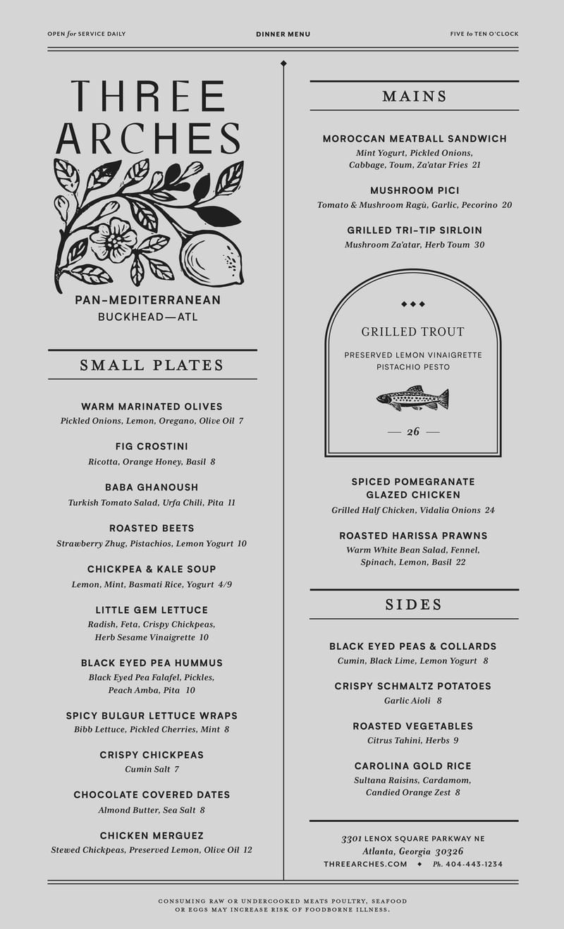 The dinner menu for Three Arches.