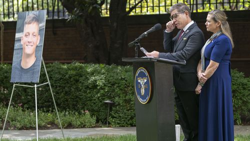 Bart Collart and Alexia Collart, right, speak about their son, Cpl. Spencer Collart, who was posthumously presented the USMCs highest non-combat medal, The Navy and Marine Corps Medal, during a ceremony on Monday, Sept. 16, 2024 in Washington. (AP Photo/Kevin Wolf)