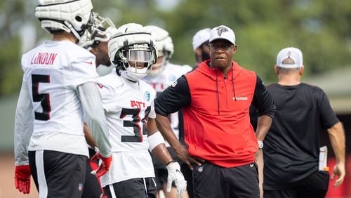Atlanta Falcons head coach Raheem Morris watches practice during training camp at the Falcons' headquarters in Flowery Branch, Georgia, on July 26, 2024. (Arvin Temkar/The Atlanta Journal-Constitution/TNS)