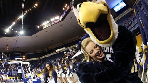 NEW ORLEANS, LA - MARCH 15: Georgia Southern Eagles cheelerders react as there team take on the Georgia State Panthersduring the Sun Belt Conference Men's Championship game at the UNO Lakefront Arena on March 15, 2015 in New Orleans, Louisiana. (Photo by Sean Gardner/Getty Images)