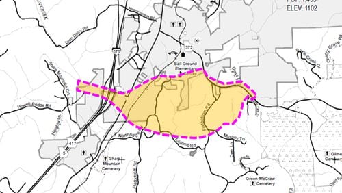 Map depicts the project study area for a proposed truck bypass around Ball Ground’s business district. CHEROKEE COUNTY