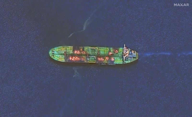 This image released by Maxar Technologies shows an overview of the Sounion oil tanker that was recently attacked by Houthi rebels on fire in the Red Sea, Thursday, Aug. 29, 2024. (Satellite image ©2024 Maxar Technologies via AP)