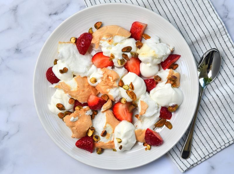 Cloud Bread with Strawberries and Cream. Cloud bread isn't really a bread, but it has many fans on TikTok and it can be a perfect component of a dessert. Styling by Kate Williams / Chris Hunt for the AJC