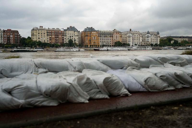 A dam is built to protect Margaret Island in Budapest, Hungary, due to the flooding of the Danube river on Monday, Sept. 16, 2024. (AP Photo/Denes Erdos)