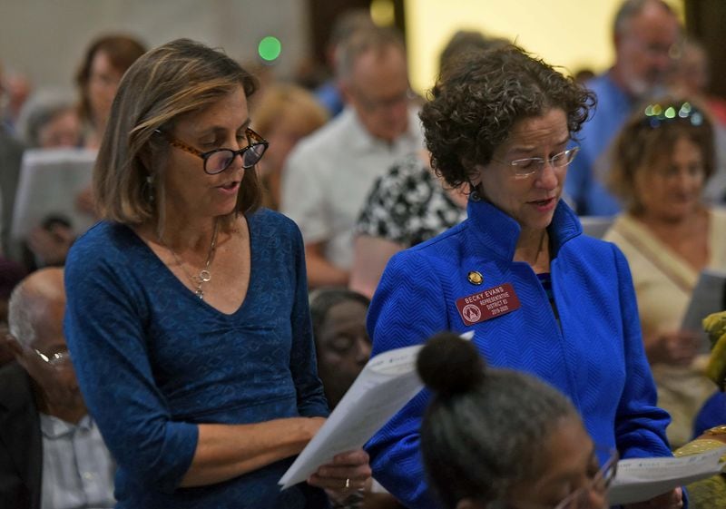 September 18, 2019 Atlanta - Georgia State Representative Becky Evans (right), District 83, reads along with members an apology adapted from âPrayer of Apology to African Americansâ by Marianne Williamson. RYON HORNE/RHORNE@AJC.COM