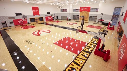 The main courts are shown at the practice facility in the Brookhaven area, Thursday, May 16, 2024, in Atlanta. The Atlanta Hawks are giving us access to the areas of the practice facility that are not accessible and areas fans would never see. The areas to be photographed, Main court, locker room, weight room, kitchen, player film room, upstairs conference room, and TV studiio. (Jason Getz / AJC)
