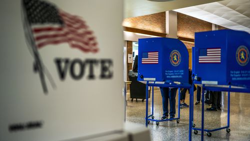 FILE - A voting center is pictured during early voting in the states' presidential primary election, March 26, 2024, in Freeport, N.Y. Even before President Joe Biden's withdrawal from the 2024 presidential race, allies of former President Donald Trump floated the possibility of suing to block Democrats from having anyone other than Biden on the ballot in November. But election administration experts say the timing of Biden's exit makes it unlikely that any Republican ballot access challenges will succeed, with some calling the idea "ridiculous" and "frivolous." (AP Photo/Eduardo Munoz Alvarez, File)