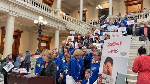 A new group, Georgians for Responsible Libraries, rallied at the Georgia Capitol on Feb. 1, 2024. They seek to restrict student access to books and other material they think is obscene. (Ty Tagami / ty.tagami@ajc.com)