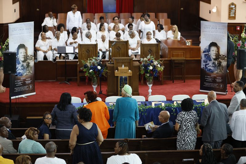 Survivors of the 1974 shooting at Ebenezer, where Alberta Williams King was murdered, stood as they were recognized during the 50th anniversary of her murder at Ebenezer Baptist Church on Sunday, June 30, 2024, in Atlanta.
(Miguel Martinez / AJC)