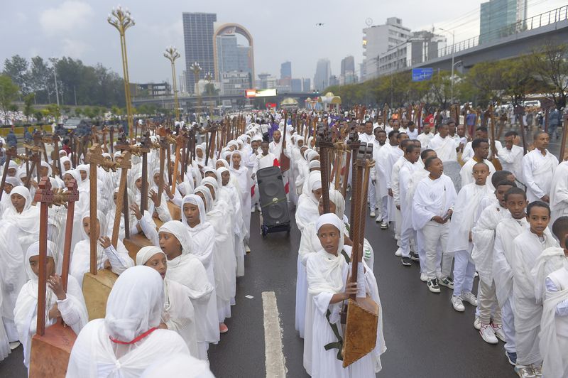 Religious leaders and Ethiopians celebrate Meskel, meaning the Cross in Amharic, is an annual religious holiday among Orthodox in Addis Ababa, Ethiopia Thursday, Sept. 26, 2024. (AP Photo)