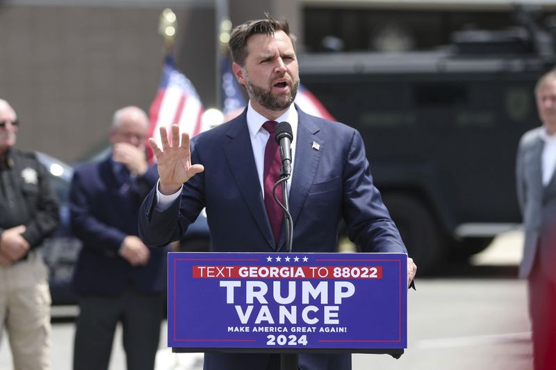 Republican vice presidential nominee Sen. JD Vance, R-Ohio, speaks at a campaign rally at the Lowndes County Sheriff's Office, Thursday, Aug. 22, 2024, in Valdosta, Ga. (AP Photo/Gary McCullough)